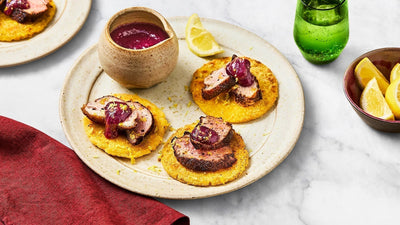 Spiced Duck Arepas with Blueberry Port Sauce