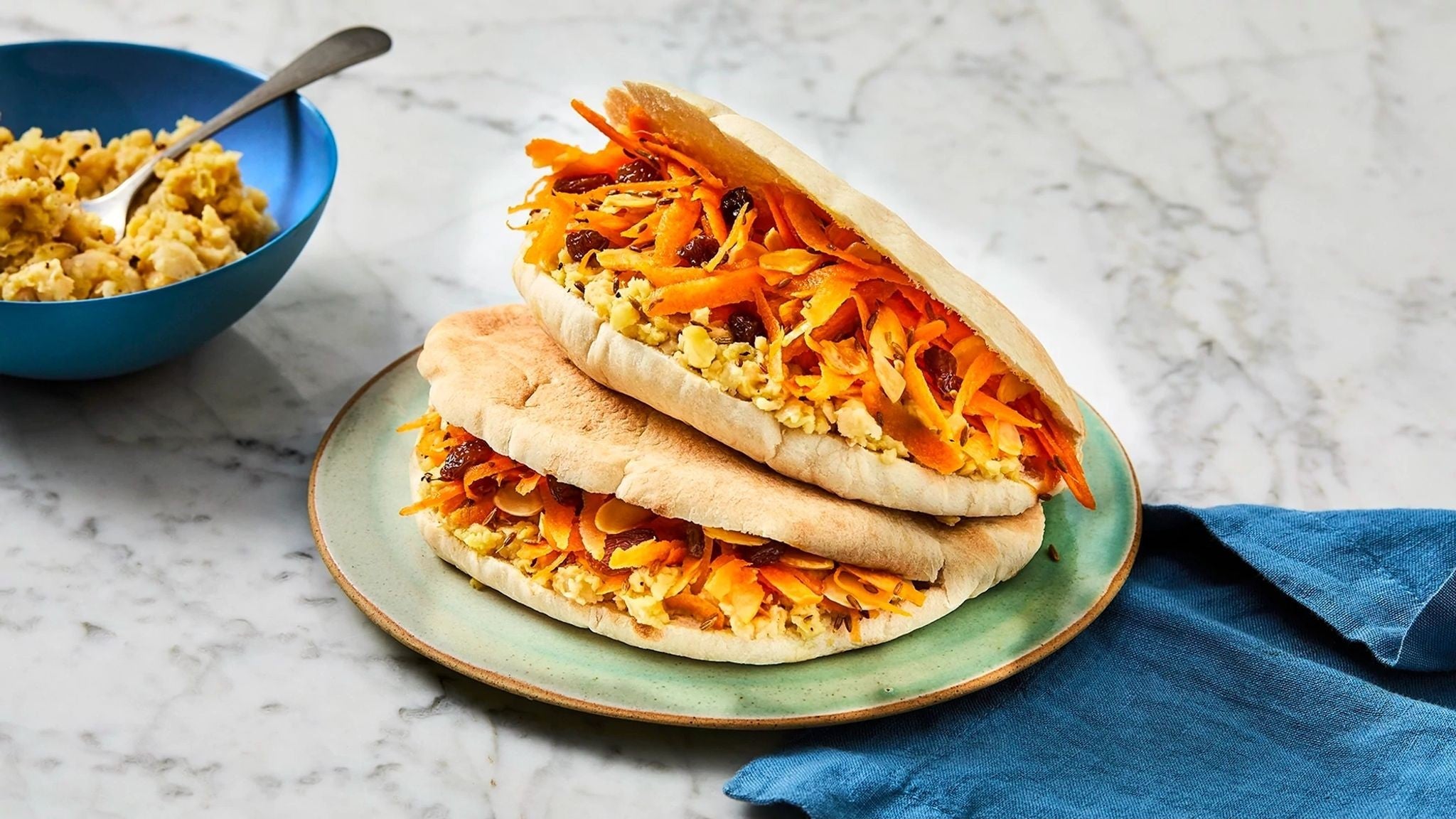 Pittas with Crushed Chickpeas & Carrot Slaw