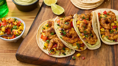 Mexican Prawn Tacos with Avocado Crema & Mango Salsa