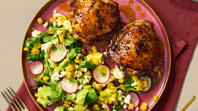 Crispy Chicken Thighs with a Smoky corn & Avo salad