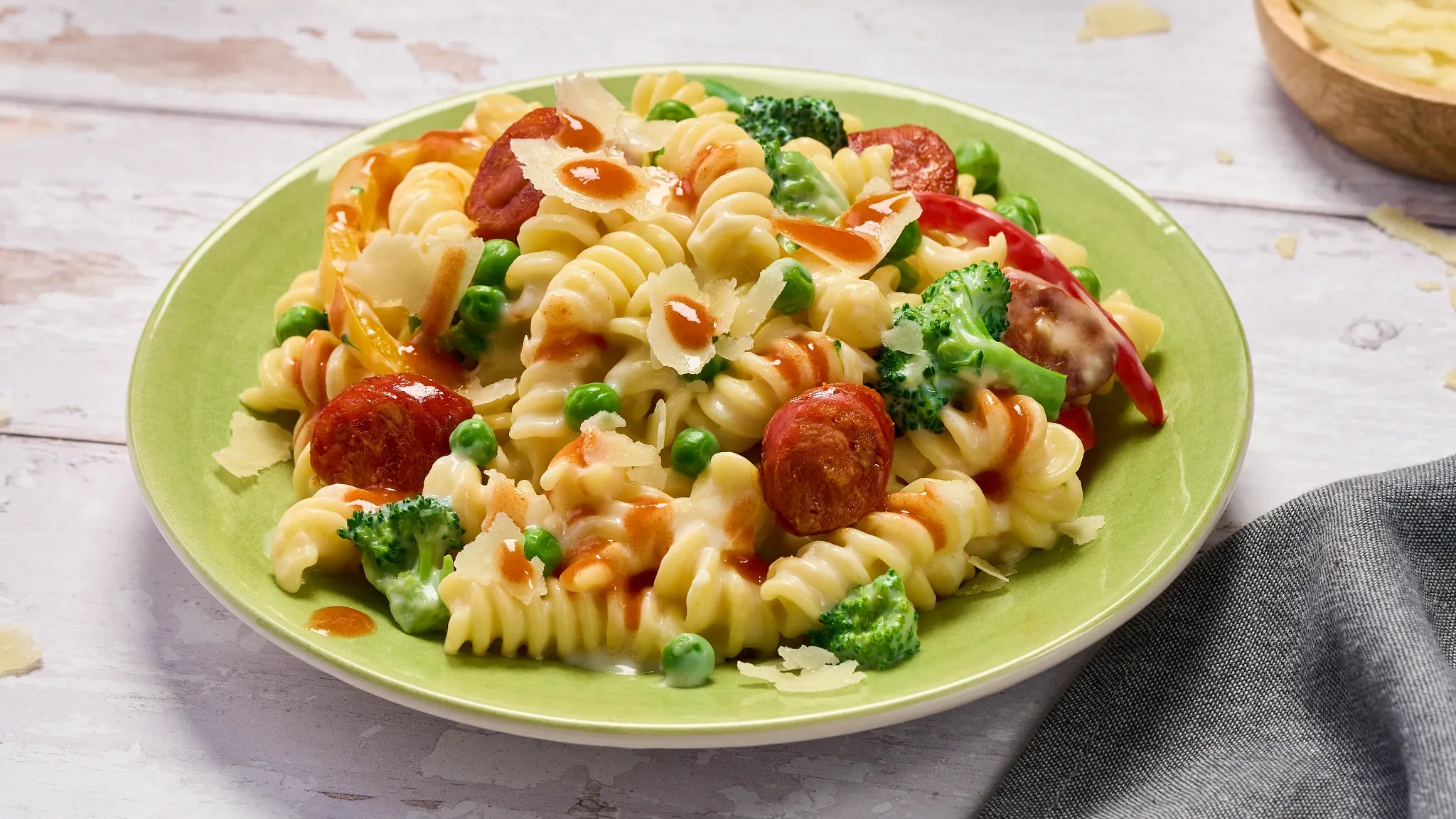 Creamy fusilli pasta with chorizo, vegetables and FRANK'S RedHot Original sauce