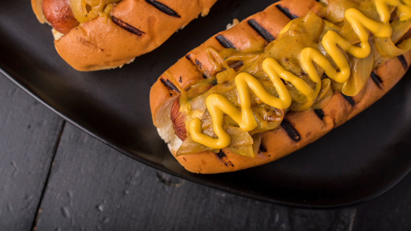Barbecue Hot Dogs with Beer Mustard Onions