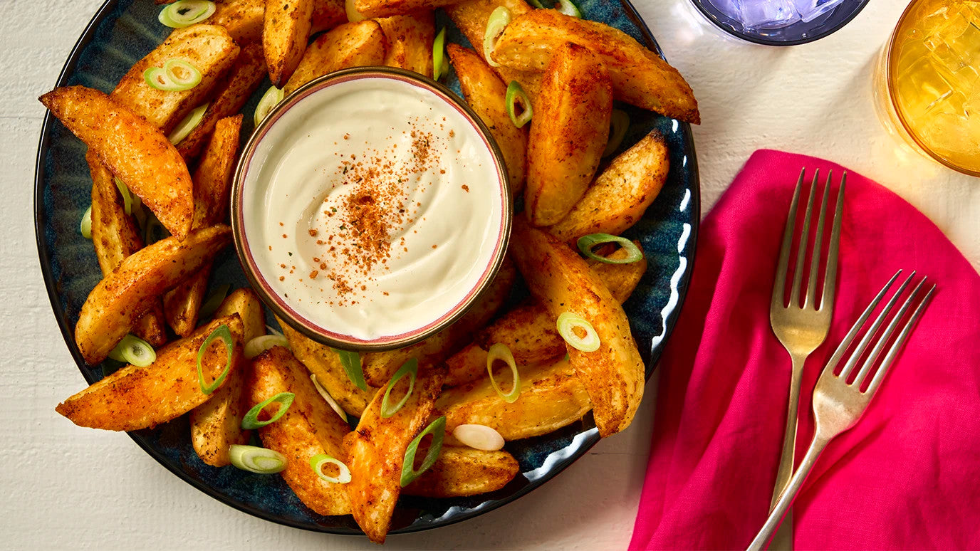 Crispy Potato Wedges with Spring Onions and Sour Cream