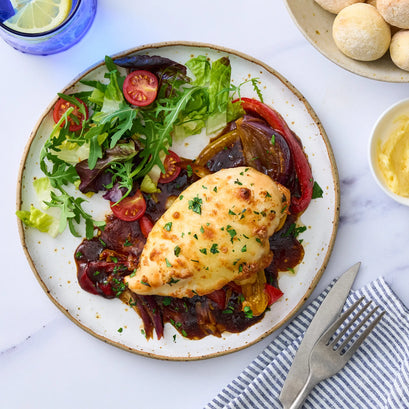 Smokey BBQ chicken bake with peppers, red onion and melted mozzarella
