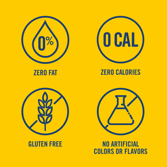 ['Four blue icons on a yellow background show that the product is zero fat, zero calories, gluten free, and has no artificial colors or flavors.']