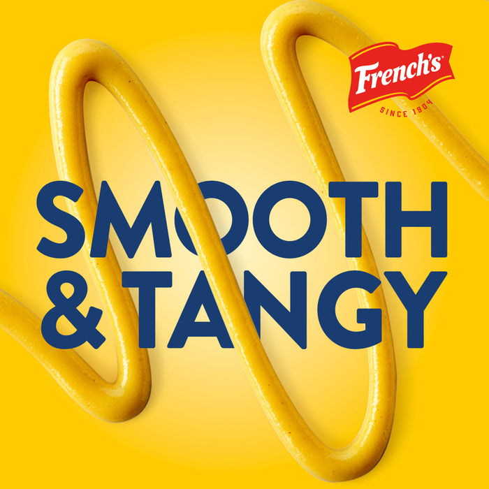 ["French's mustard swirls around the words 'smooth &amp; tangy' in a yellow background."]