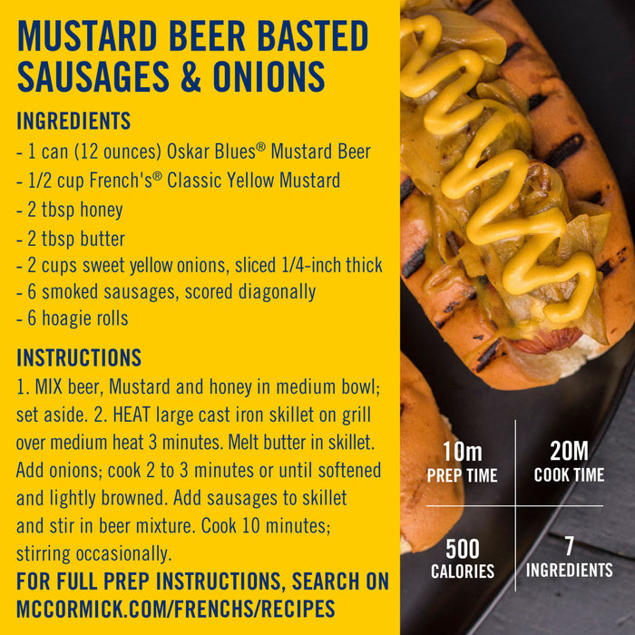 ["A recipe for Mustard Beer Basted Sausages &amp; Onions from McCormick and French's."]