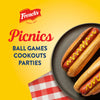 ["French's mustard logo with the text 'Picnics' and 'Ball Games, Cookouts, Parties' with two hot dogs on a black plate."]