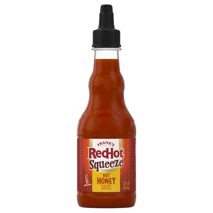 ["A bottle of Frank's RedHot Squeeze Hot Honey Sauce is displayed."]