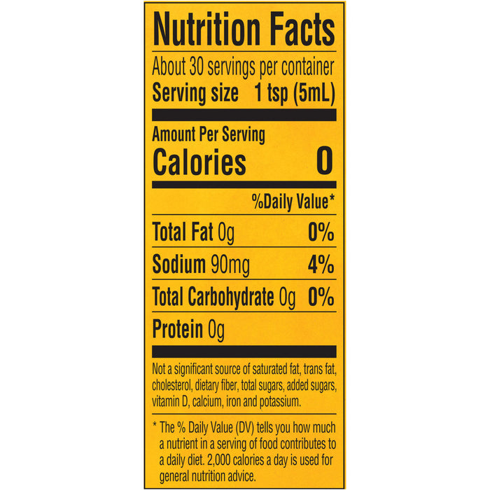 Nutrition facts label for a product with 0 calories per serving.