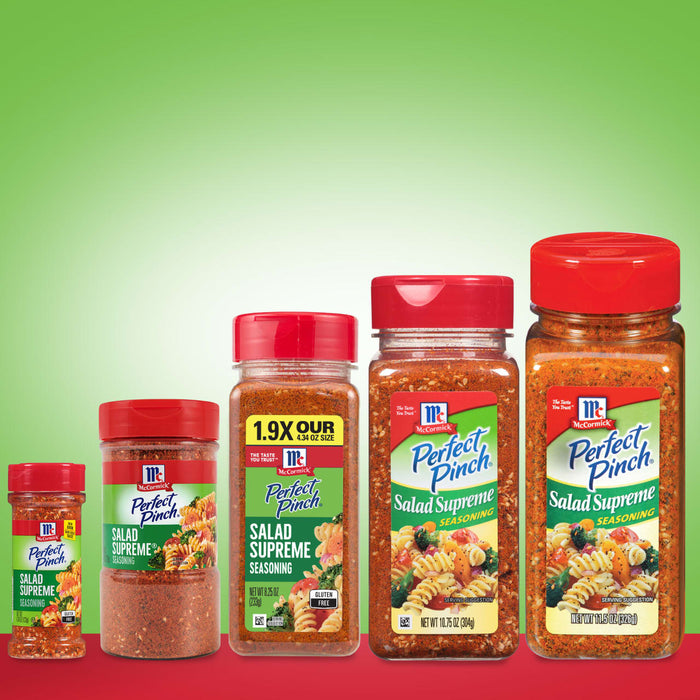 Two bottles of McCormick Perfect Pinch Salad Supreme Seasoning, one is 1.5 times larger than the other.