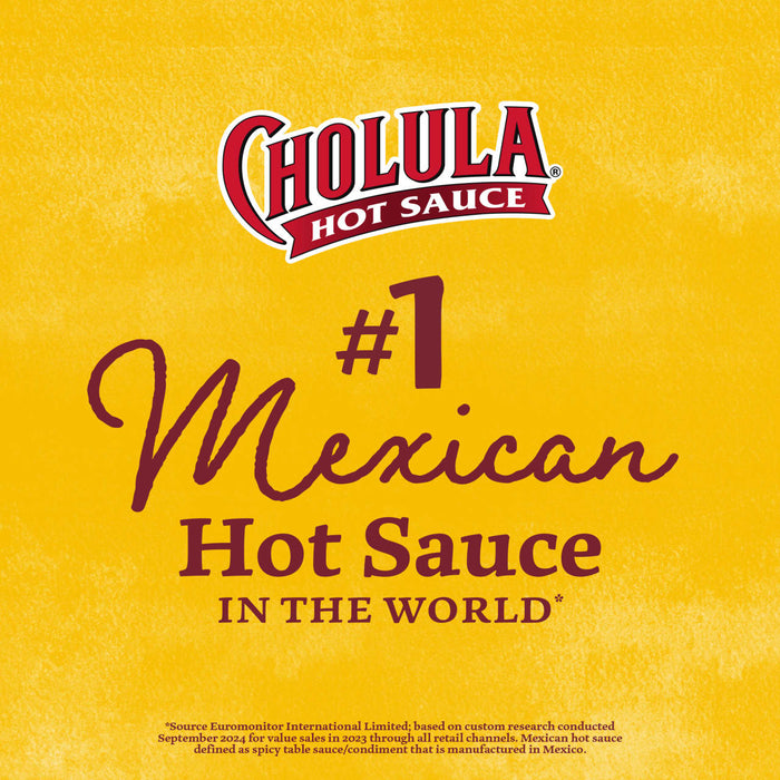A promotional graphic for Cholula Original Mexican Hot Sauce 150Ml featuring the brand logo and text stating it is the number one Mexican hot sauce in the world based on 2023 value sales.