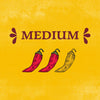 An illustration indicating a medium heat level for Cholula Original Mexican Hot Sauce 150Ml featuring two red chili peppers and one yellow chili pepper against a textured yellow background.