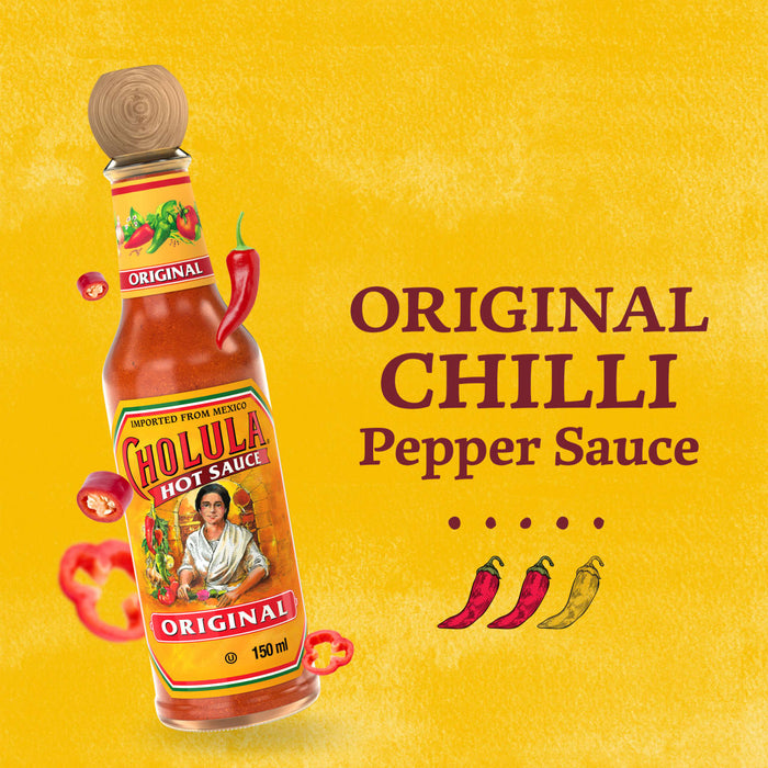 A promotional graphic for French S American Classic Yellow Squeezy Mustard 226G Imported From Britain features a bottle of Cholula Original Hot Sauce floating against a textured yellow background with sliced chili peppers and a heat scale.