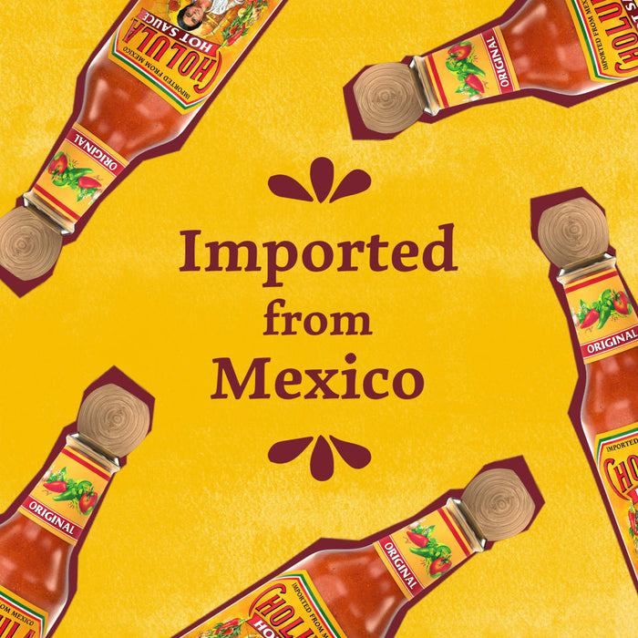 A vibrant graphic illustration features several bottles of Cholula Original Mexican Hot Sauce 150Ml arranged in a circular pattern around the central text Imported from Mexico on a textured yellow background.