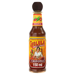 A bottle of Cholula Hot Sauce Chipotle 6 150Ml featuring the iconic wooden cap and a label depicting a woman in a traditional kitchen setting.