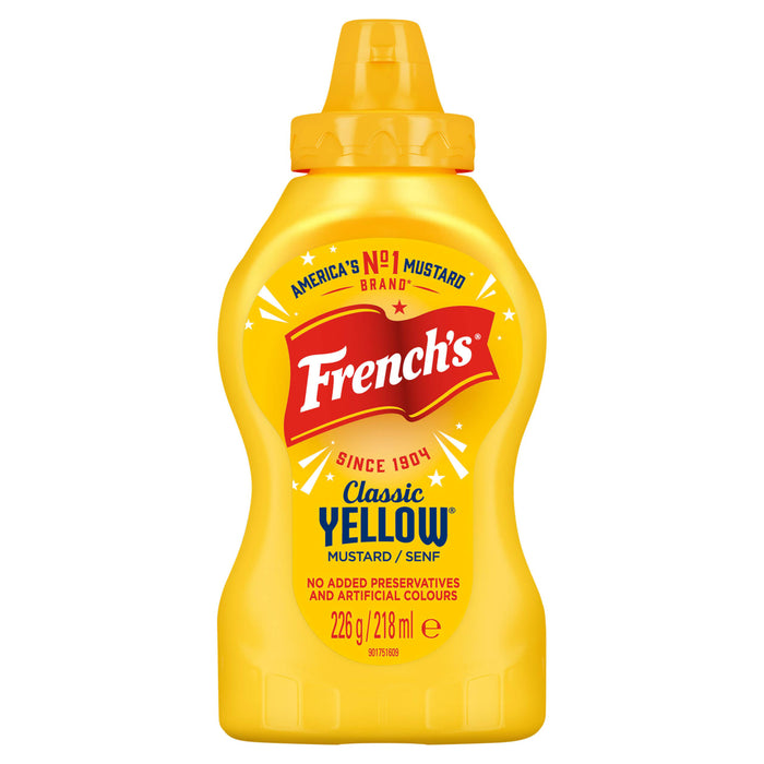 A yellow squeeze bottle of French'S American Classic Yellow Squeezy Mustard 226G, Imported From Britain, is shown against a white background.