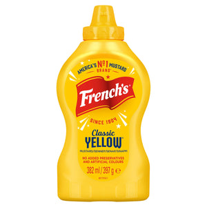 A bright yellow squeeze bottle of French Mst Yel Srp Gb 8/397 G, also known as French's Classic Yellow Mustard, is shown against a white background.