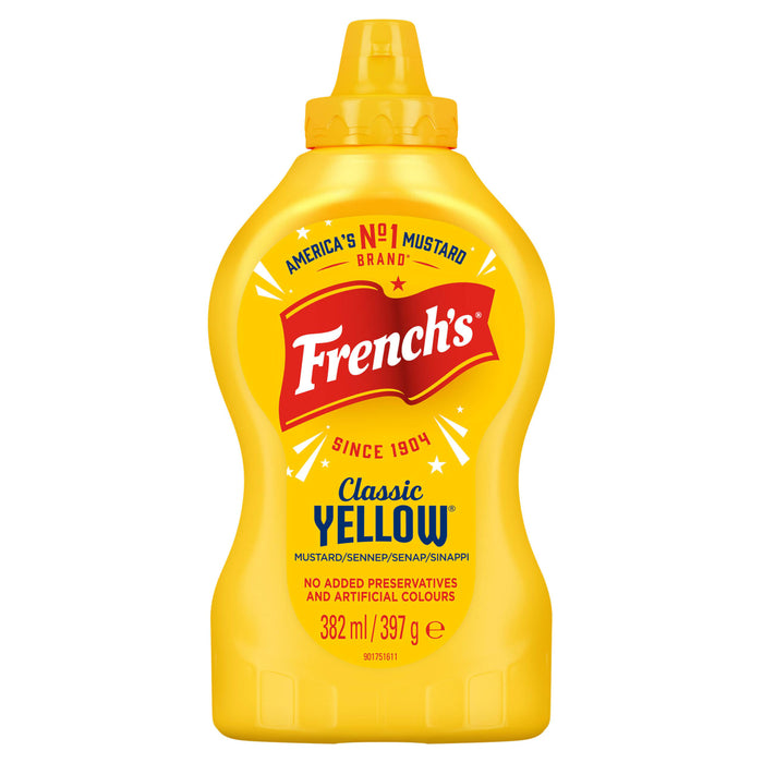 A bright yellow squeeze bottle of French Mst Yel Srp Gb 8/397 G, also known as French's Classic Yellow Mustard, is shown against a white background.