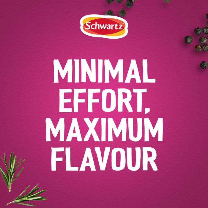A promotional graphic for Duplicates For Gtin Count featuring the Schwartz logo and the slogan Minimal Effort Maximum Flavour on a textured purple background with black peppercorns and rosemary sprigs.