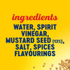 An infographic for Global Visionary Template Uk lists the ingredients as water, spirit vinegar, mustard seed, salt, spices, and flavourings against a bright yellow background.