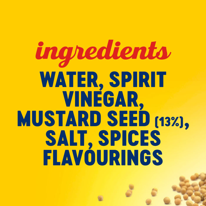 An infographic for Global Visionary Template Uk lists the ingredients as water, spirit vinegar, mustard seed, salt, spices, and flavourings against a bright yellow background.