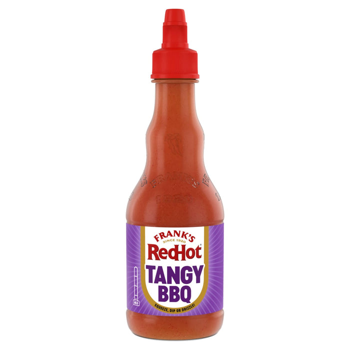 A clear squeeze bottle of Frank'S Redhot Franks Squeeze Tangy Bbq 354 Ml stands against a white background.
