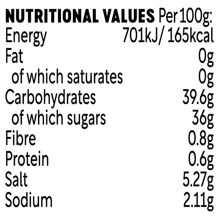 This infographic displays the nutritional values per 100 grams for FrankS Redhot Franks Squeeze Tangy Bbq 354 Ml including 165 calories and 36 grams of sugar.