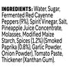 A detailed ingredient list for Frank S Redhot Franks Squeeze Tangy Bbq 354 Ml featuring water, sugar, fermented red cayenne peppers, and spirit vinegar.