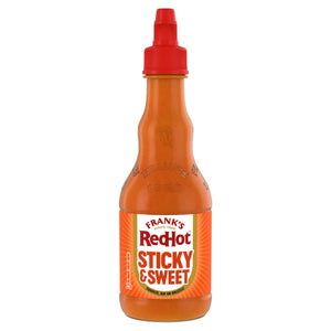 A front-facing product shot displays the Frank'S Squeeze Sticky Sweet 354 Ml bottle, featuring its distinctive red squeeze cap and orange label against a white background.