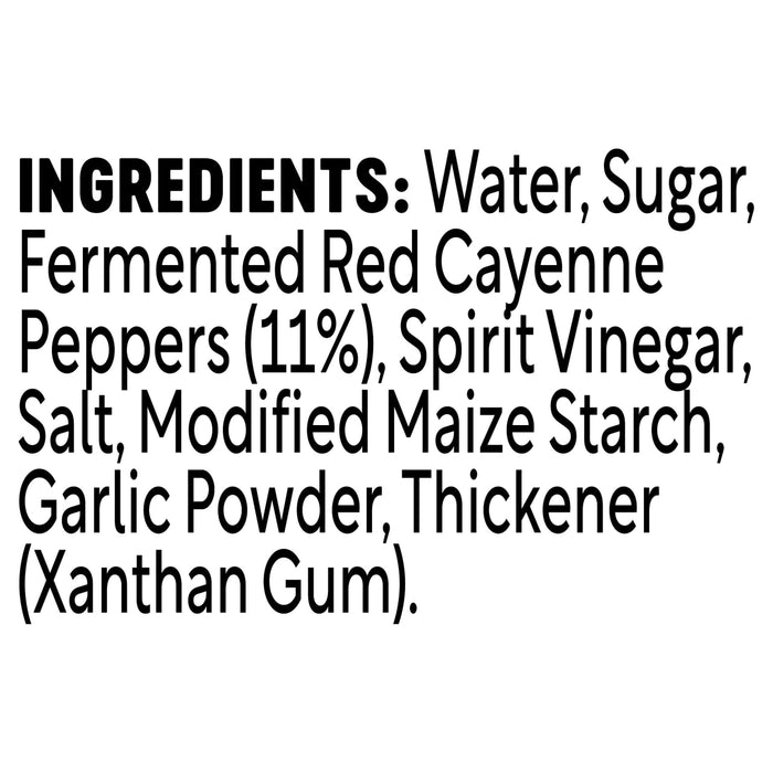 A list of ingredients for FrankS Squeeze Sticky Sweet 354 Ml including water, sugar, fermented red cayenne peppers, spirit vinegar, salt, modified maize starch, garlic powder, and xanthan gum.