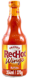 A glass bottle of Frank's RedHot Wings Buffalo Sauce, which is the Franks Rdhot Bws Gb 24/148 Ml product, is shown against a white background.