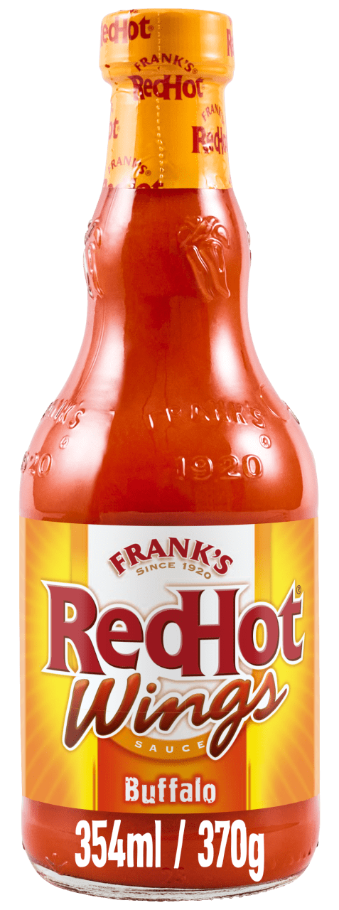 A glass bottle of Frank's RedHot Wings Buffalo Sauce, which is the product Franks Rdhot Bws Gb 24/148 Ml, is shown with its yellow and red label against a black background.