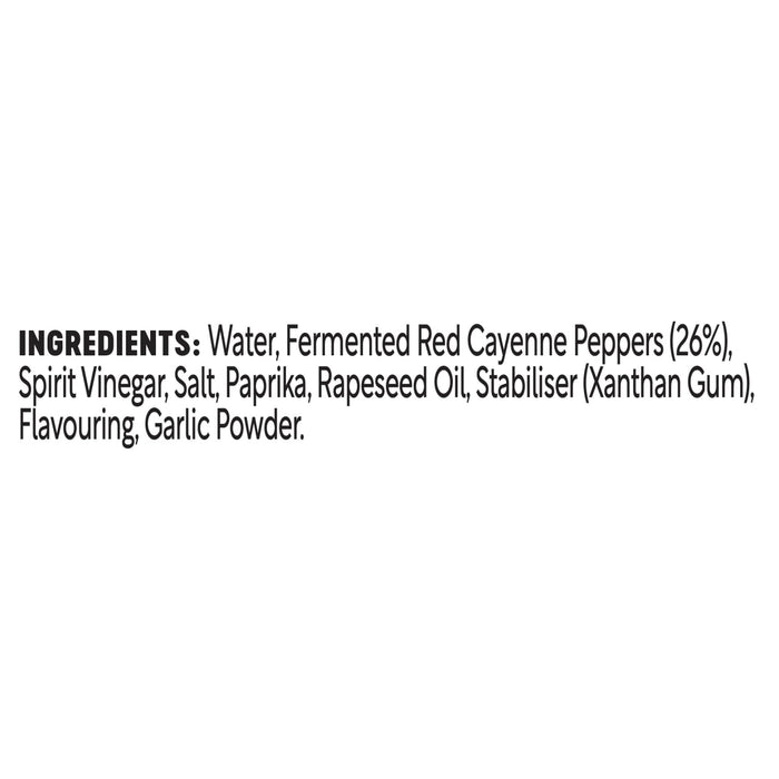 The ingredients list for Franks Rdhot Bws Gb 24/148 Ml is displayed, starting with water, fermented red cayenne peppers, and spirit vinegar.