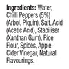 The ingredients list for Cholula Original Mexican Hot Sauce 150Ml, which includes water, chilli peppers, salt, and spices.