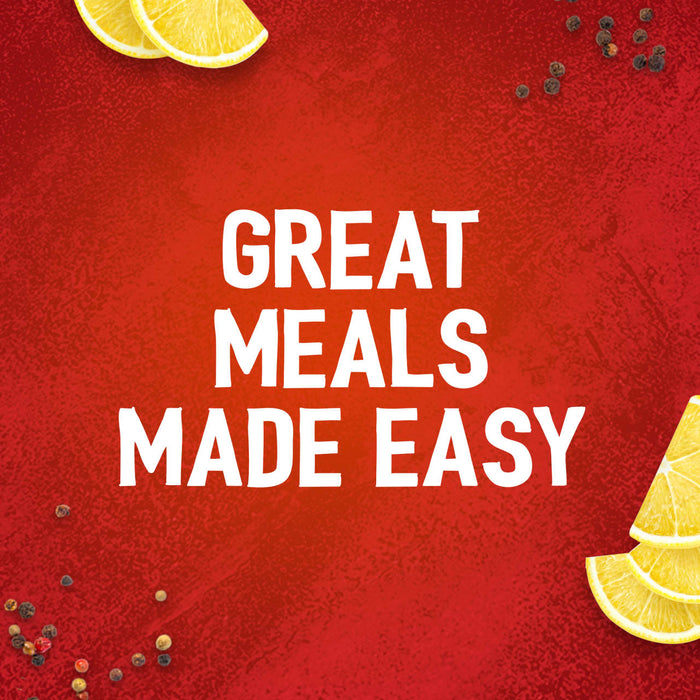 A graphic illustration featuring the text Great Meals Made Easy on a textured red background framed by lemon slices and peppercorns for Duplicates For Gtin Count.