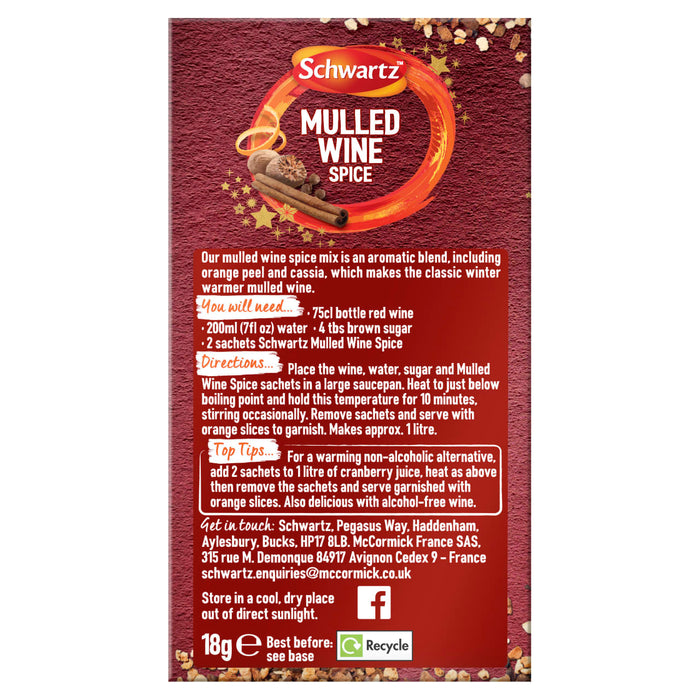 The back of a package for Schwartz Mulled Wine Spice Refill 18G provides detailed instructions and ingredients for creating a classic winter warmer with red wine or a non-alcoholic cranberry juice alternative.