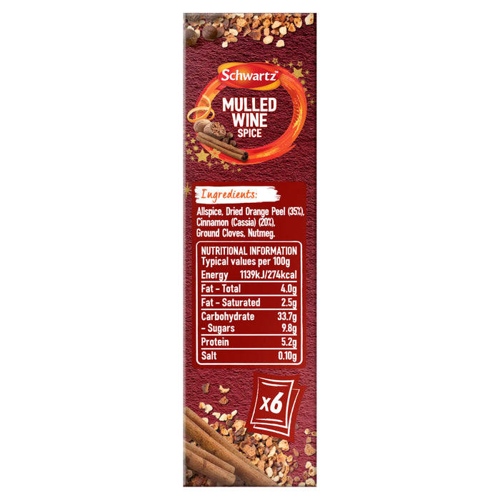 A vertical product package for Schwartz Mulled Wine Spice Refill 18G featuring a list of ingredients and a nutritional information table against a dark red background with spice illustrations.
