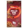 A package of Schwartz Mulled Wine Spice Refill 18G featuring a festive design with illustrations of cinnamon sticks, nutmeg, cloves, and orange peel against a textured burgundy background.