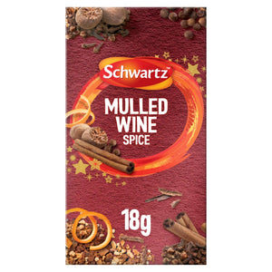 A package of Schwartz Mulled Wine Spice Refill 18G featuring a festive design with illustrations of cinnamon sticks, nutmeg, cloves, and orange peel against a textured burgundy background.