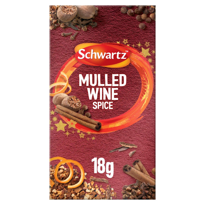 A package of Schwartz Mulled Wine Spice Refill 18G featuring a festive design with illustrations of cinnamon sticks, nutmeg, cloves, and orange peel against a textured burgundy background.