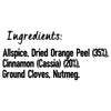 An ingredient list for Schwartz Mulled Wine Spice Refill 18G featuring allspice, 35 percent dried orange peel, 20 percent cassia cinnamon, ground cloves, and nutmeg.
