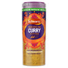 A clear jar of Schwartz Medium Curry Powder 90G is shown against a white background, featuring a vibrant purple and orange label and a purple lid.