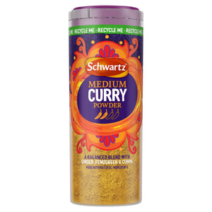 A clear jar of Schwartz Medium Curry Powder 90G is shown against a white background, featuring a vibrant purple and orange label and a purple lid.