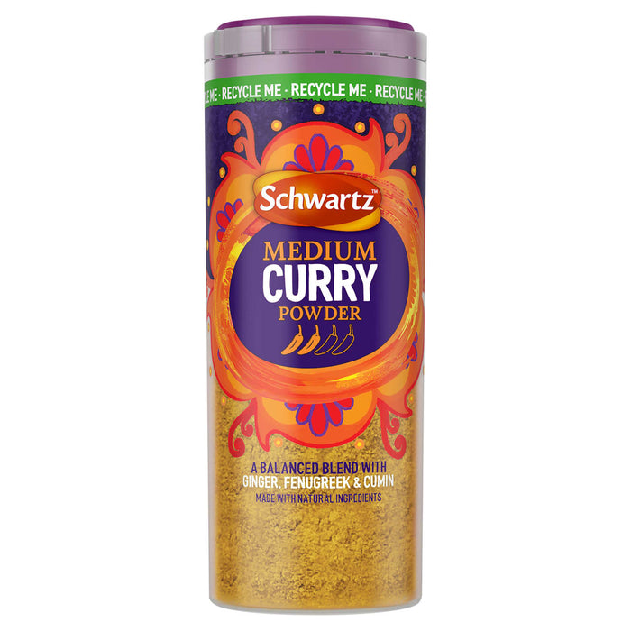 A clear jar of Schwartz Medium Curry Powder 90G is shown against a white background, featuring a vibrant purple and orange label and a purple lid.