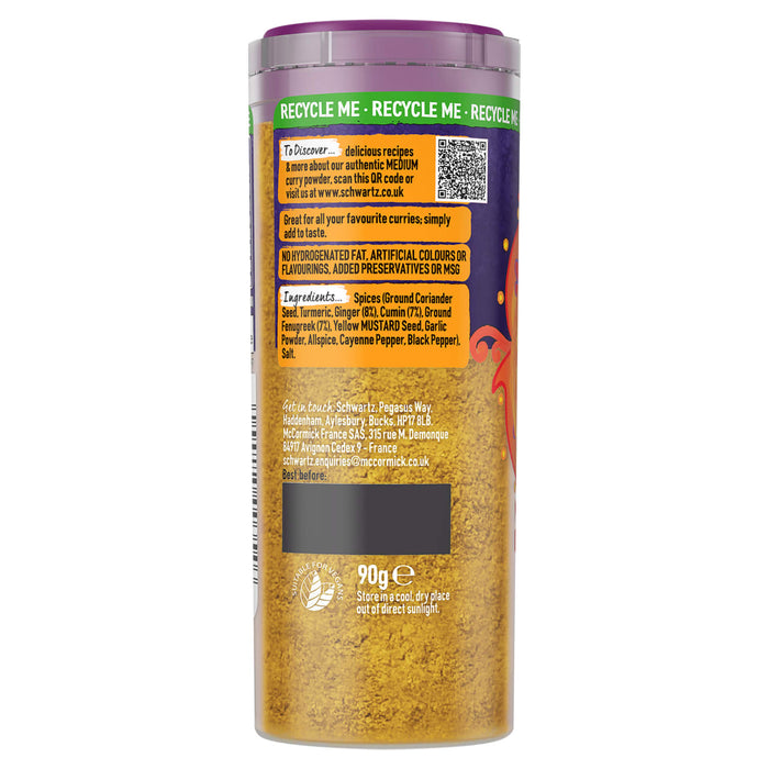 The back of a jar of Schwartz Medium Curry Powder 90G, showing the ingredients, nutritional information, and a QR code for recipes.