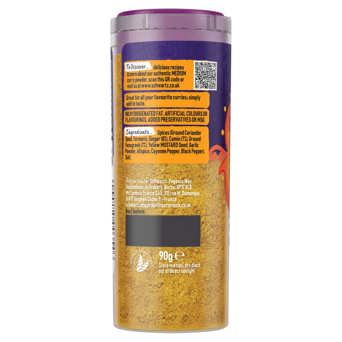 A back view of the Schwartz Medium Curry Powder 90G container showing the ingredients list and a QR code for recipes on a purple and orange label.