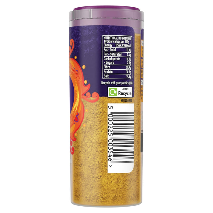 A side view of a clear plastic container of Schwartz Medium Curry Powder 90G showing the nutritional information and barcode on a purple and orange label.