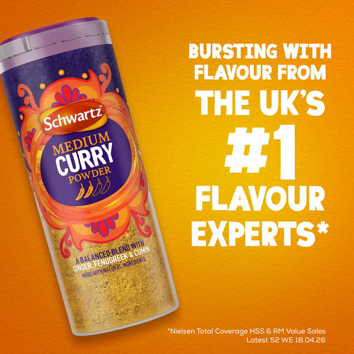 An advertisement for Schwartz Medium Curry Powder 90G featuring a tall spice jar against a textured orange background with text highlighting the brand as the UK number one flavour experts.
