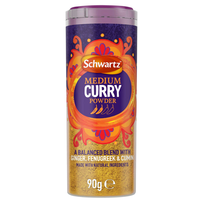 A 90g jar of Schwartz Medium Curry Powder 90G features a vibrant orange and purple label highlighting a balanced blend of ginger, fenugreek, and cumin.